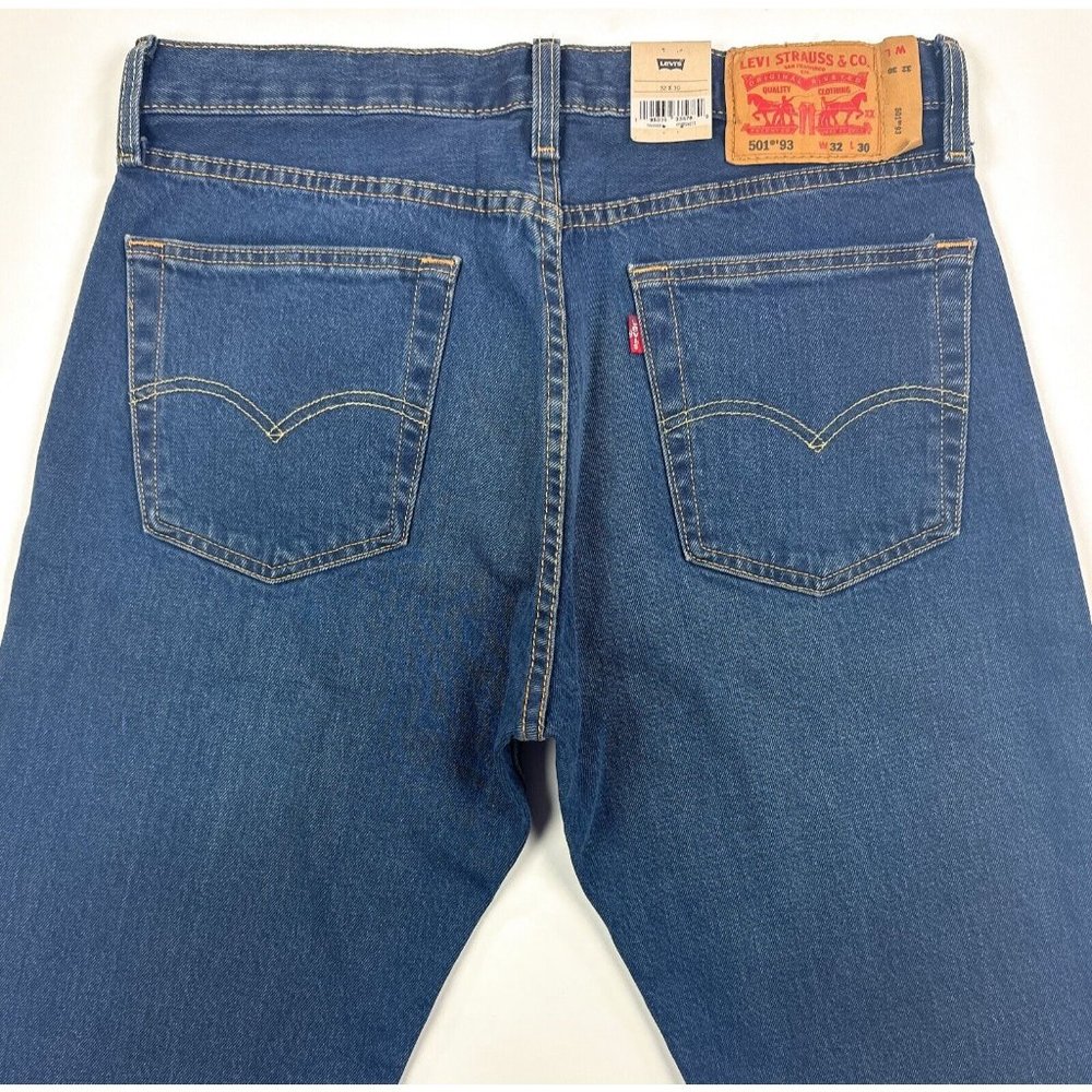 Levis 501 93 Mens 32x30 Straight Leg Dark Blue Jeans Button Fly Stretch Red Tab - Picture 10 of 11